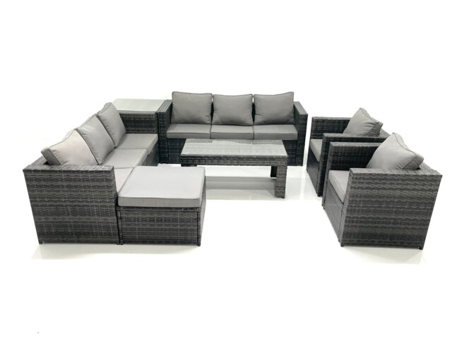 Fimous Rattan Garden Furniture Sofa Set with Coffee table Armchair Side Table Big Footstool Dark Grey Mixed