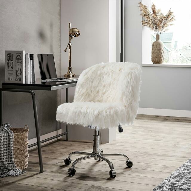 Living and Home Modern Fluffy Faux Fur Office Vanity Chair, White