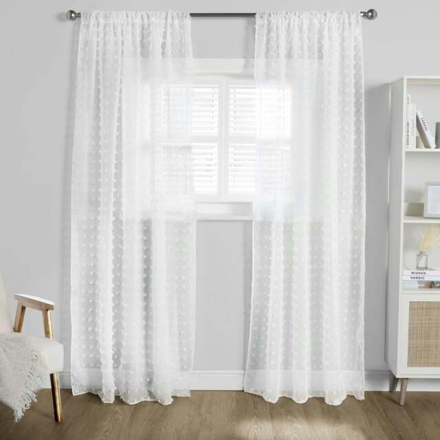 "OHS Pompom Tufted Textured Slot Top Sheer Net 2 Panel Voile Curtains, 55x87"" - White"