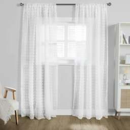 "OHS Pompom Tufted Textured Slot Top Sheer Net 2 Panel Voile Curtains, 55x87"" - White"