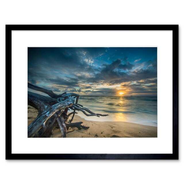 "Driftwood Beach Sunset Ocean Lagoon 9x7"" Black Framed Wall Art Print"