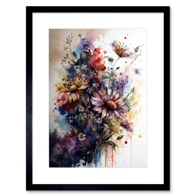 "Flower Bouquet over Watercolour Splat 9x7"" Black Framed Wall Art Print"