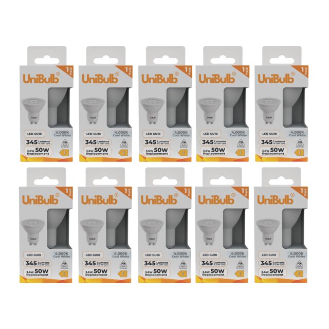 UniBulb LED GU10 345lm 3.6W (Replaces 50W) 4000K (Cool White) Spotlight Downlight Light Bulb - Pack of 10