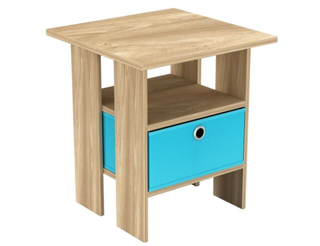 2-Tier 1- Drawer Wooden Side Table Brown Oak & Light Blue 1