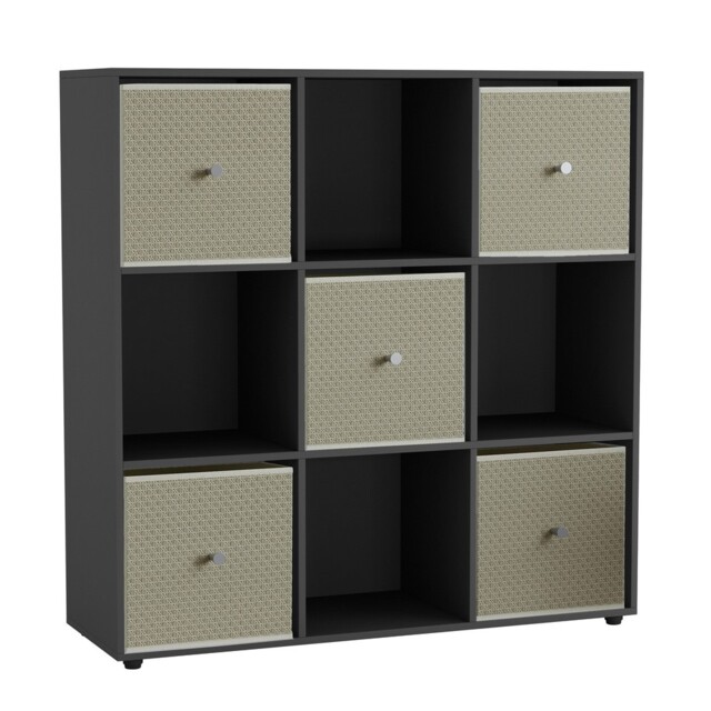 9 Cube Wooden Bookcase Shelving Unit with 5 Collapsible Fabric Drawers Multi Black & Beige 1