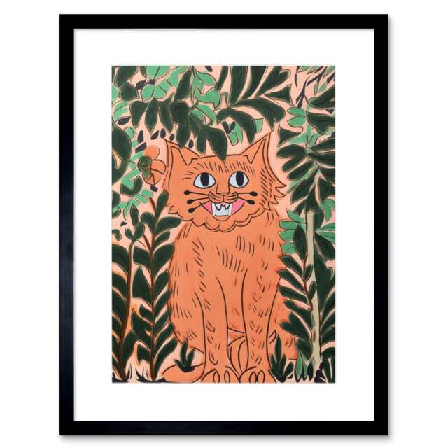 "Ginger Orange Tabby Cat Plants Modern Folk Art 9x7"" Black Framed Wall Art Print"