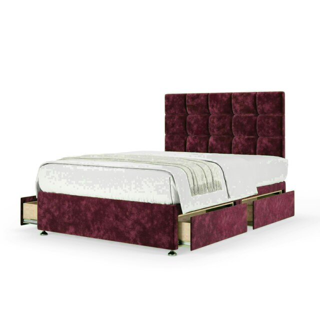 Aubergine Chenille 4 Drawer Divan Base and Pearl Headboard King Size
