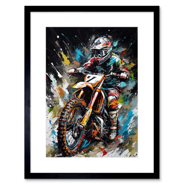 "Motocross Race Driver Number 7 Racing Action Shot 9x7"" Black Framed Wall Art Print"