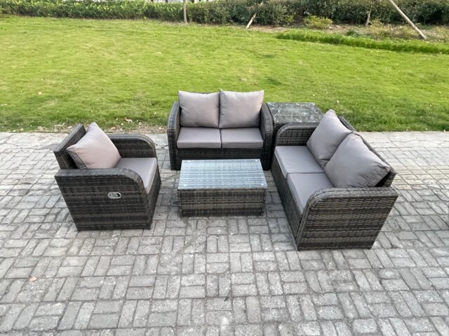 Fimous High Back Rattan Garden Furniture Set with Loveseat Sofa Rectangular Coffee Table Side Table Indoor Outdoor Patio Lounge Sofa Set Dark Grey Mixed