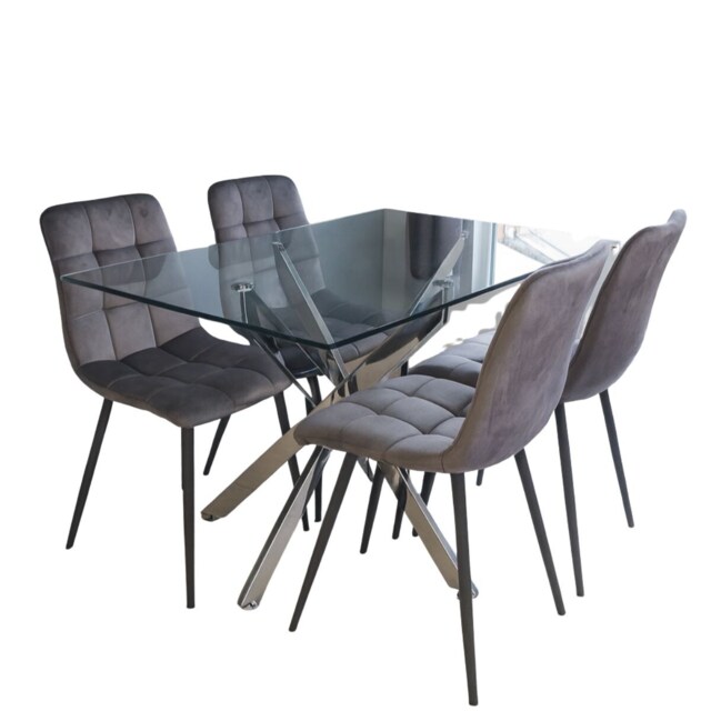 Dining Table and 4 Chairs Rectangle Glass Table 4 Grey Velvet Chairs Dining Set