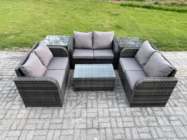 Fimous Outdoor Garden Furniture Sets 6 Seater Wicker Rattan Furniture Sofa Sets with Rectangular Coffee Table Love Sofa 2 Side Tables Dark Grey Mixed