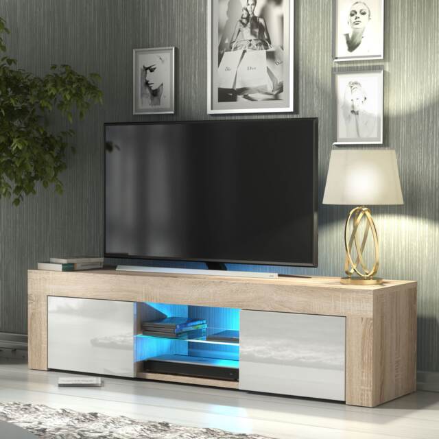 TV Unit TV Stand Cabinet Sideboard Oak White High Gloss Free LED 130cm