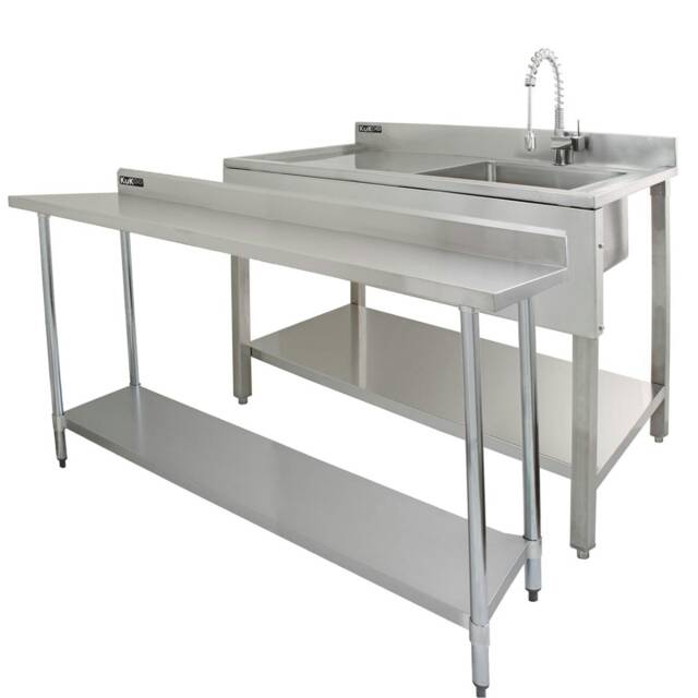 6ft Stainless Steel Catering Bench & 2 x Wall Mounted Shelves Silver