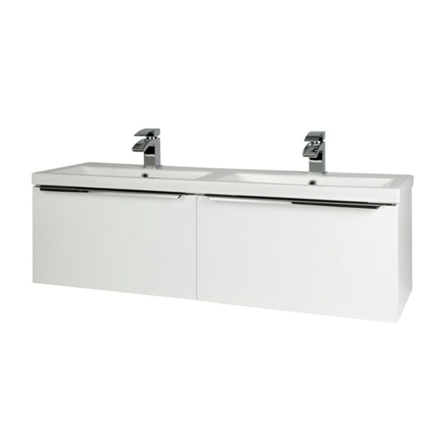 1200mm Bathroom Wall Mounted Drawer Unit and Twin Ceramic Basin Gloss White (Central) - Brassware Not Included White White 1