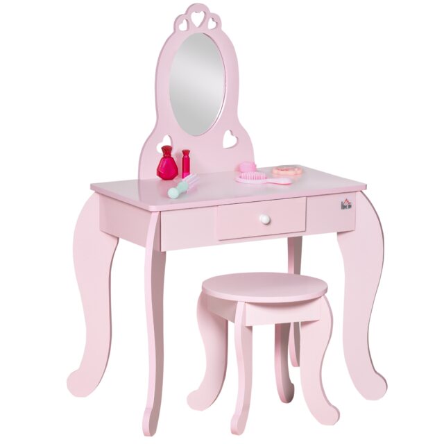 HOMCOM Kids Vanity Table & Stool Girls Dressing Set Make Up Desk with Mirror Pink
