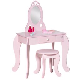HOMCOM Kids Vanity Table & Stool Girls Dressing Set Make Up Desk with Mirror Pink