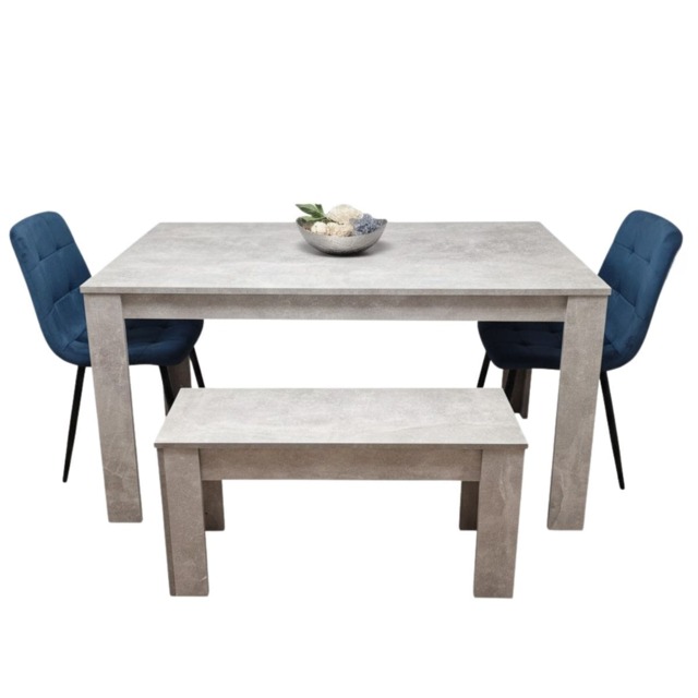 Grey Wood Effect Dining Set with 2 Blue Velvet Chairs and Bench Dining Room Set