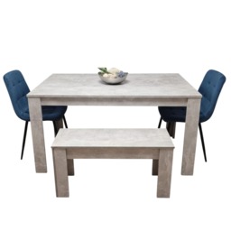 Grey Wood Effect Dining Set with 2 Blue Velvet Chairs and Bench Dining Room Set