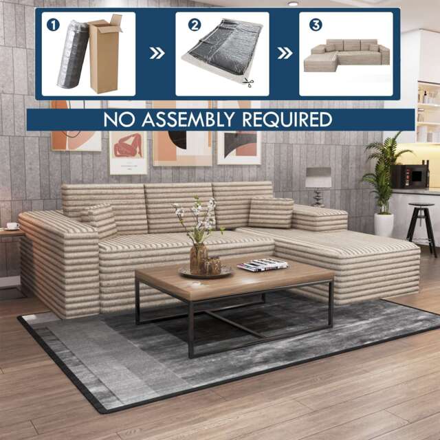 Modern L Shaped Corner Sofa with Chaise Deep Seating Detachable Headrest Cushions No Assembly Living Room Sofa