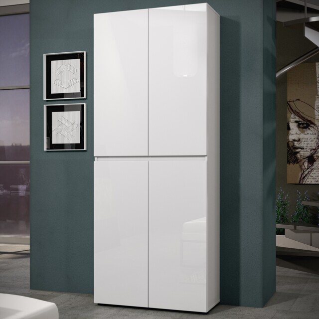 FURNICOMP Vida 4 Door 80cm White Gloss Tall Shoe Cabinet/Storage Cupboard