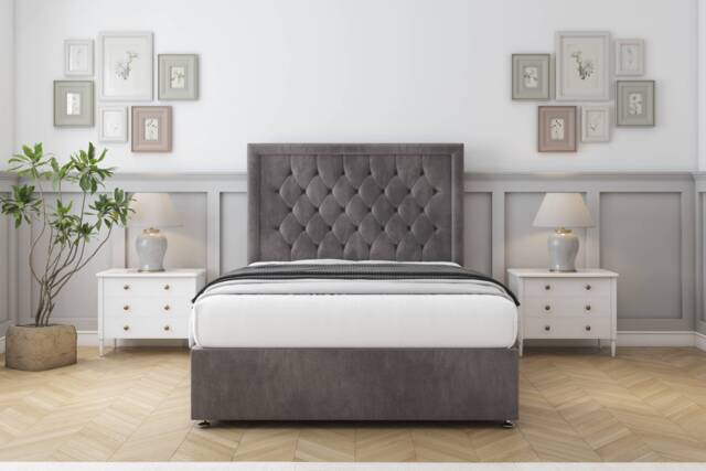 "Sloomy Montana Slate Naples Divan Bed With Mattress 4 Drawers With 54"" Floor Standing Headboard 6' Super King Grey Slate Super King 1"