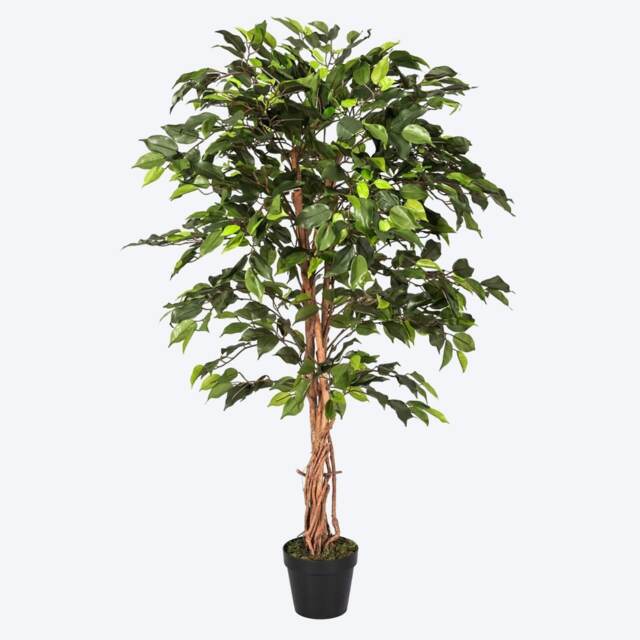 Homescapes 4ft Green Artificial Ficus Tree Faux Plant with Real Wood Trunk for Home and Office