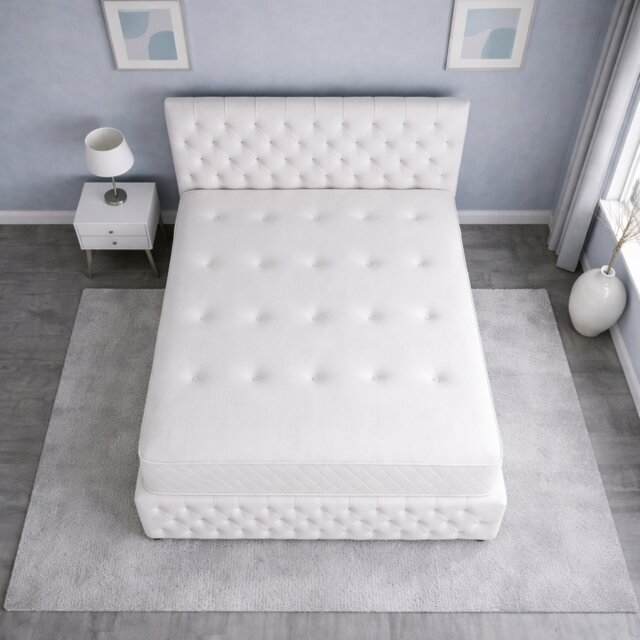 Small Single 2ft6 Chesterfield white plush divan bed set headboard and footboard storage 2 Drawers Left Side Laying in Bed
