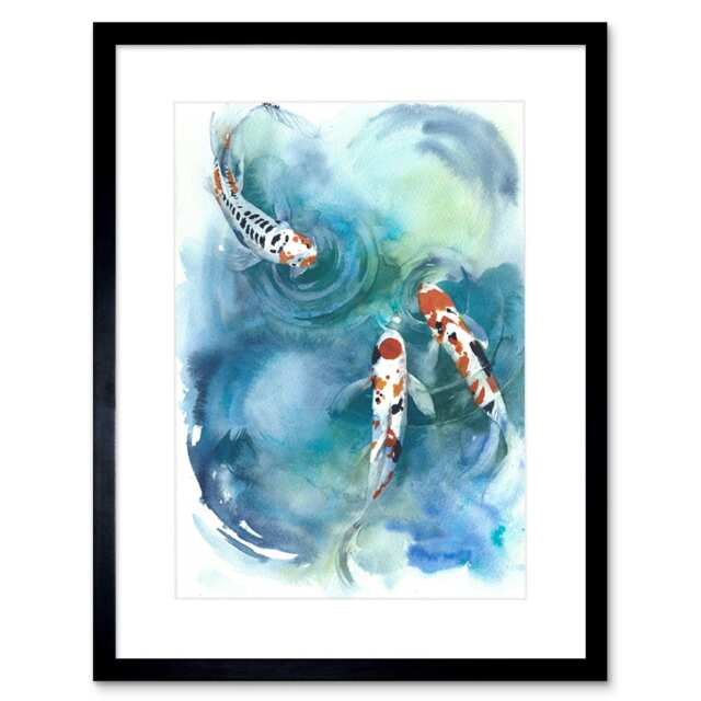 "Japanese Koi Fish Pond Ripple Watercolour 9x7"" Black Framed Wall Art Print"