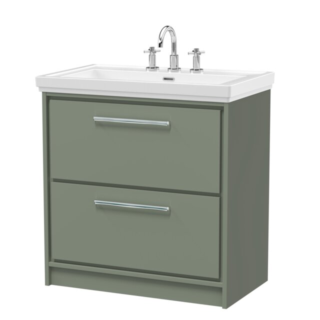 Balterley Modern Bathroom Floor Standing 2-Drawer Vanity Unit with Fireclay Basin - Basin, 3 Tap Holes Green Reed Green 1