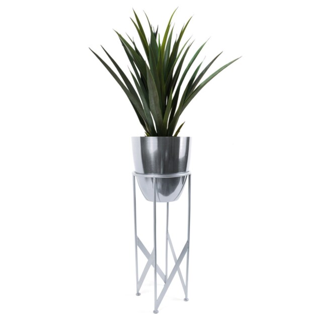 Artificial Yukka Plant Metal Planter Stand Silver 90cm Tall Realistic Premium Botanik Silver