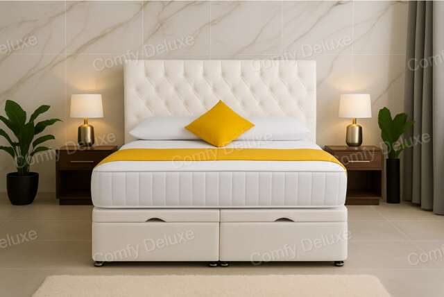 Ottoman Foot Lift White Plush Chesterfield 3ft Single Bed Set with Headboard and Mattress