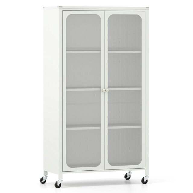 COSTWAY Storage Bookcase Cabinet with Lockable Wheels White