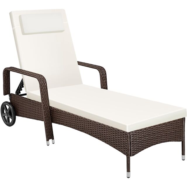 Sun Lounger - 6-position backrest, weather and UV-resistant, soft pillow, two wheels Black mixed brown 1