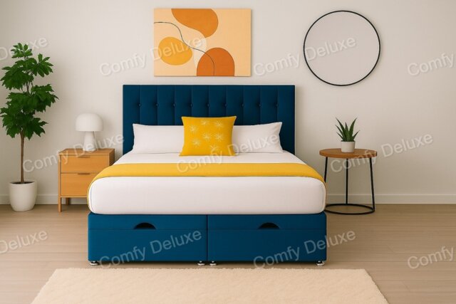 Blue plush ottoman foot lift small double 4ft bed set headboard and mattress