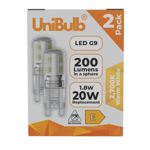 UniBulb LED G9 200lm 1.8W (Replaces 20W) 2700K (Warm White) Capsule Light Bulb - Pack of 2 White Warm White 2