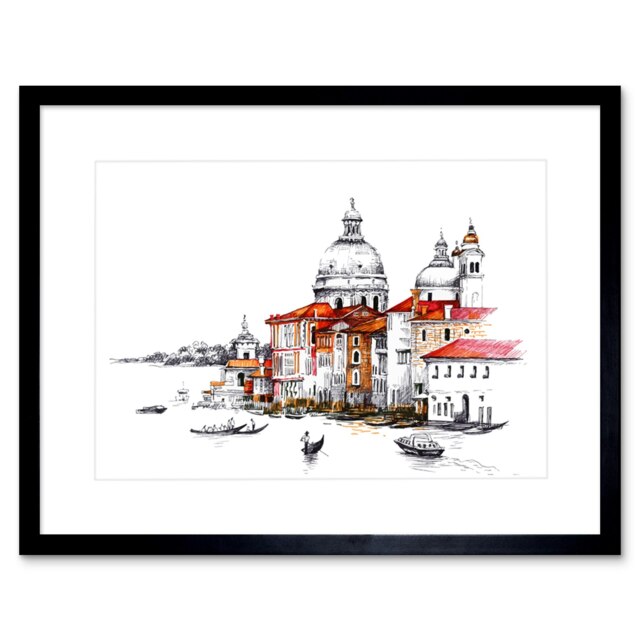 "Venice Grand Canal Venetian Cityscape Ink Painting 9x7"" Black Framed Wall Art Print"