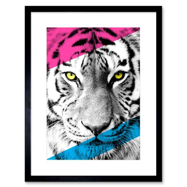 "Tiger Pink Blue Modern Graphic Big Cat Lover 9x7"" Black Framed Wall Art Print"