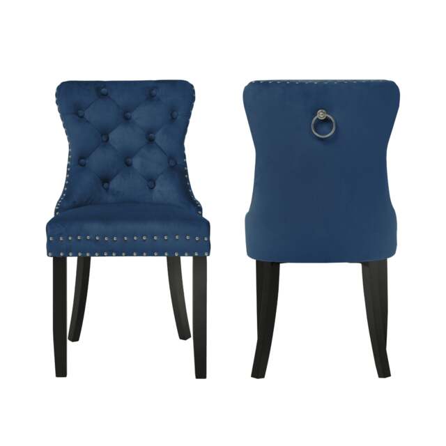 Groundlevel Set of 2 Studded Luxurious Velvet Dining Chairs with Ring Knocker Blue Navy