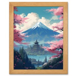 Japanese Temple Mount Fuji Lake Cherry Blossoms Wood Framed Wall Art Print