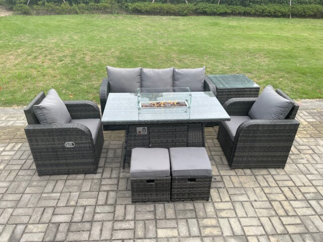 Fimous Outdoor Rattan Garden Furniture Set Propane Gas Fire Pit Table Burner with Lounge Sofa Side Tables 2 Small Footstool