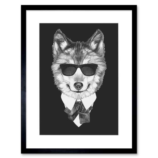"Cool Wolf Sunglasses Bow Tie Pencil Drawing 9x7"" Black Framed Wall Art Print"