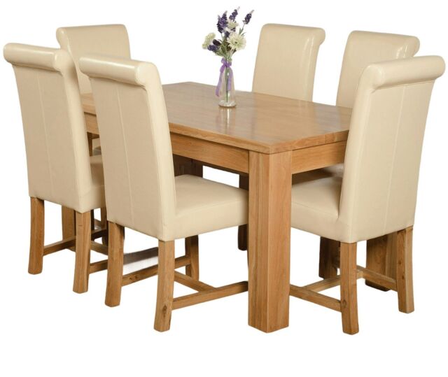 Dakota 152 x 87cm Medium Oak Dining Table and 6 Washington Leather Chairs Cream Cream