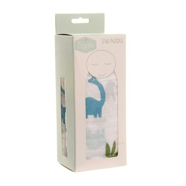 Ziggle Baby Cotton Muslin Swaddle Wrap - Dinosaur White Green L 1