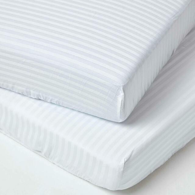 Homescapes White Cotton Stripe Fitted Cot Sheets 330 Thread Count, 2 Pack White One Size