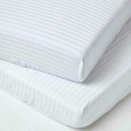 Homescapes White Cotton Stripe Fitted Cot Sheets 330 Thread Count, 2 Pack White One Size