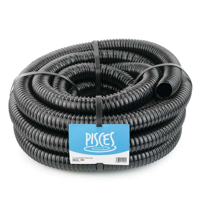 Pisces 38mm (1.5 inch) Black Pond Corrugated Flexible Hose Pipe - 15m Roll