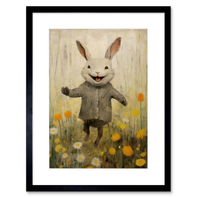 "Raincoat Rabbit Happy Bunny Flower Meadow Nursery 9x7"" Black Framed Wall Art Print"