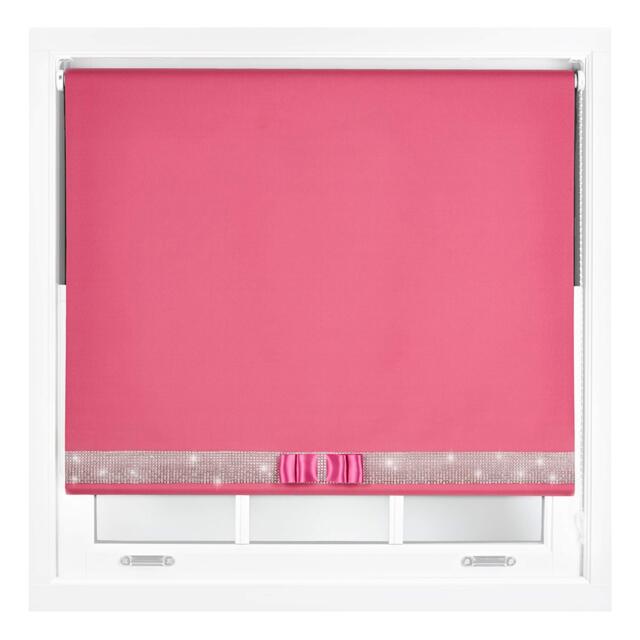 FURNISHED Blackout Roller Blinds with Diamante Trim and Bow Cut to Size Pink Fuchsia (W) 240cm x (L) 165cm