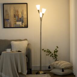 HOMCOM 3Light Upright Floor Lamps for Living Room, Modern Standing Lamp for Bedroom with Steel Base, Bulb not Included, Silver