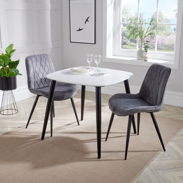 Aspen White 80cm Square Dining Table with 2 Upholstered Cord Fabric Diamond Stitch Chairs - Compact Modern Dining Set Grey Grey 1